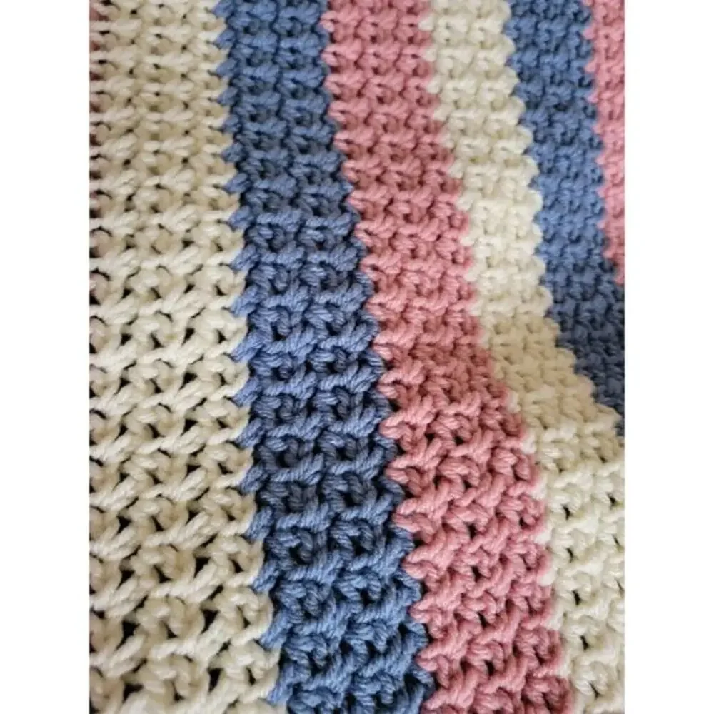 Handmade Large Crocheted Throw Blanket Pink Blue White Nice Quality 54 X‎ 47 in